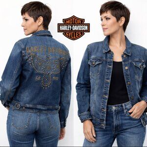 Harley-Davidson Studded Denim Trucker Jacket Eagle Back Blue Jean size large